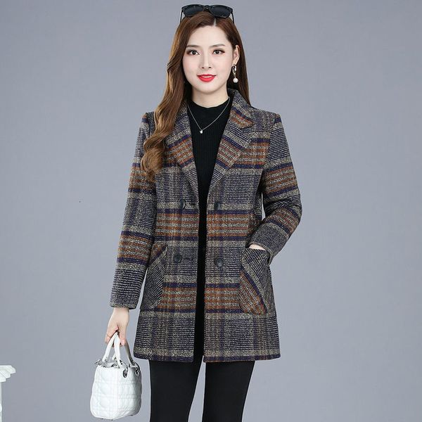 

women's jackets mother's clothing suit plaid woolen jacket autumn winter thicken slim long-sleeved outwear plus size 5xl all-match, Black;brown