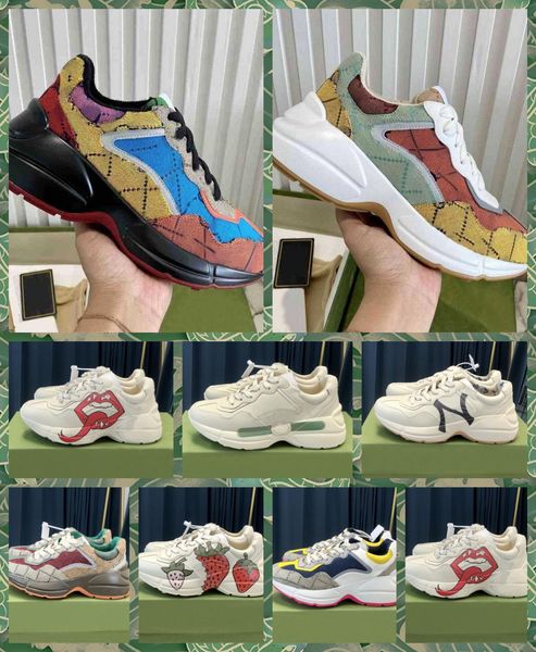 

mens italy women designer rhyton casual shoes sneaker leather dad shoes jacquard fabric multicolor sneakers mouth print vintage shoe with bo, Black