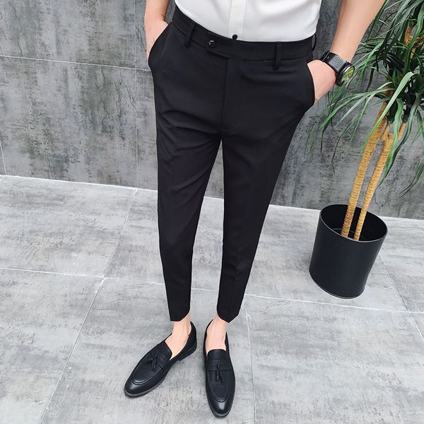 

mens pants british style ankle length spring summer men dress stretched simple slim fit casual office trousers formal wear 221117, Black