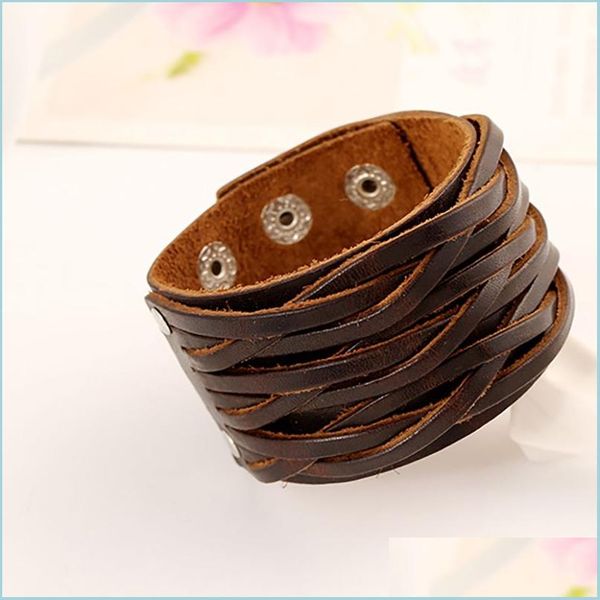 

bangle wide weae braid leather bangle cuff mtilayer wrap button adjustable bracelet wristand for men women fashion jewelry black dro d
