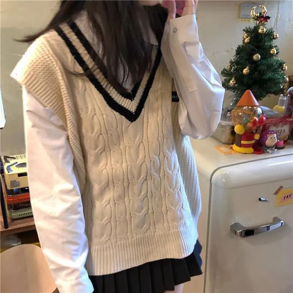 

women's vests preppy style knitted pullover sweater women casual basic v-neck sleeveless spring autumn black apricot 221117, Black;white