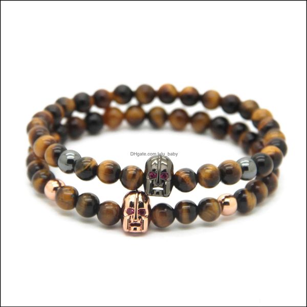 

charm bracelets wholesale 10pcs/lot 6mm a grade tiger eye stone beads with micro pave spartan cz helmet bracelets party gift drop de dhce9, Golden;silver