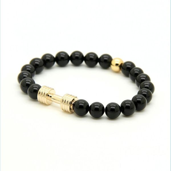 

charm bracelets wholesale real gold platinum plated metal new barbell 8mm a grade black onyx stone fitness fashion dumbell bracelets dhphx, Golden;silver