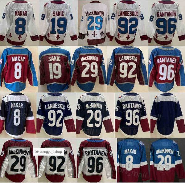 

men reverse retro ice hockey 8 cale makar jersey 29 nathan mackinnon 92 gabriel landeskog 96 mikko rantanen 19 joe sakic blue white red team, Black;red