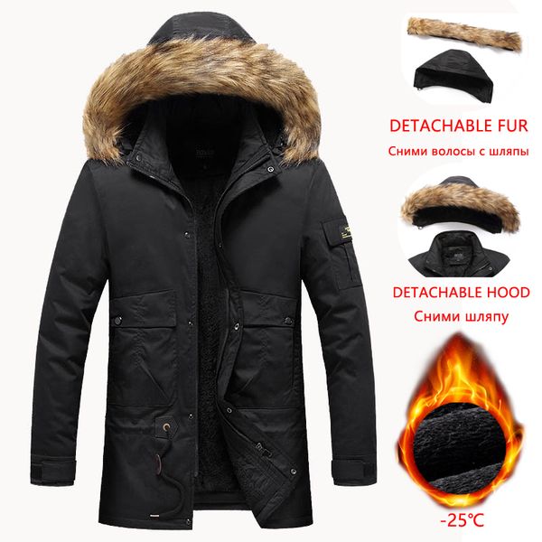 

mens down parkas winter parke jacket with velvet medium length coat detachable hood thick 100% cotton outdoor casual 221117, Black