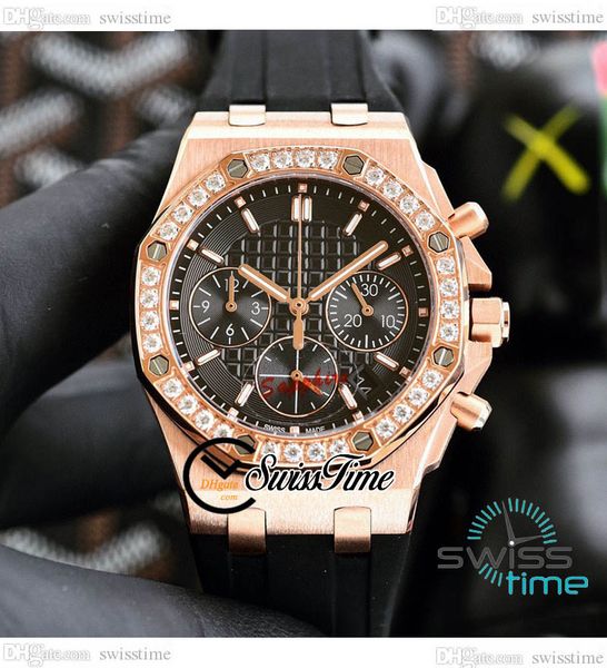 

26231 37mm miyota quartz chronograph ladies watch rose gold diamonds bezel black textured dial stick rubber strap womens watches satch swiss, Slivery;brown
