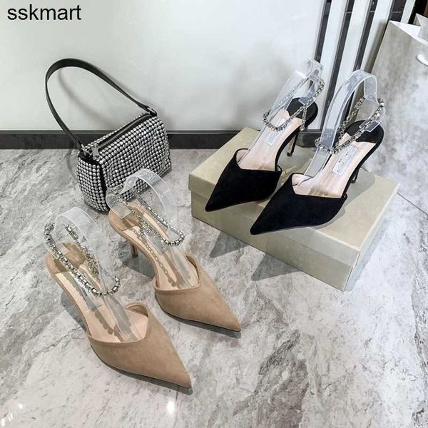 

designer sandals jc women's shoes suede pointed crystal chain straight strap jimmy single shoes lady matte rivets with box, Black