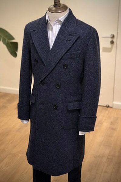 

men's wool blends long men's herringbone tweed british doublebreasted trench coat woolen lapel slim fit winter jacket men manteaux, Black