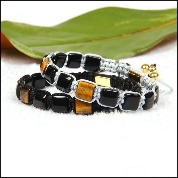 

charm bracelets nice gift stone pseras wholesale 10pcs/lot 8x8mm natural black onyx and tiger eye square beads geometric braided bra dhbkz, Golden;silver