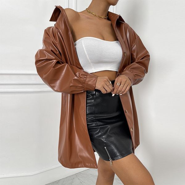 

European and American cross-border women's jacket genuine leather spring and autumn women's leather jacket solid color motorcycle PU coat top dropshipping, Brown