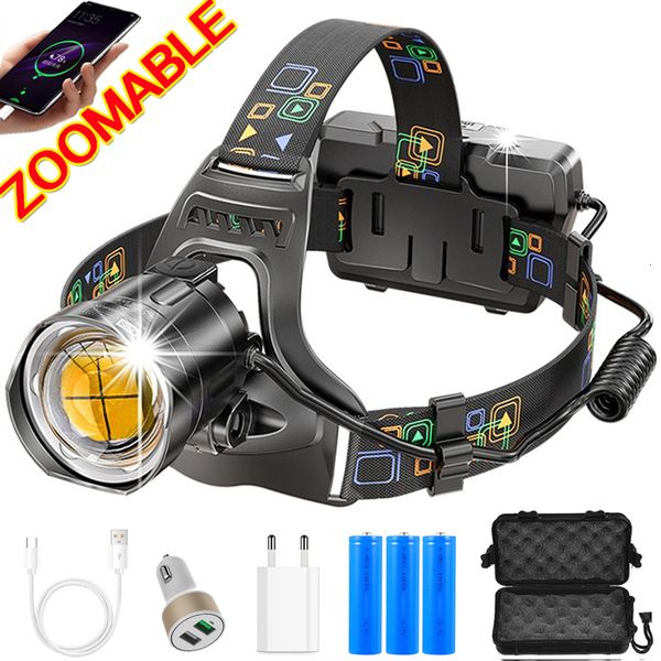 

headlamps powerful xhp100 led headlamp zoomable usb rechargeable headlight waterproof output 18650 head torch fishing flashlight camping 221