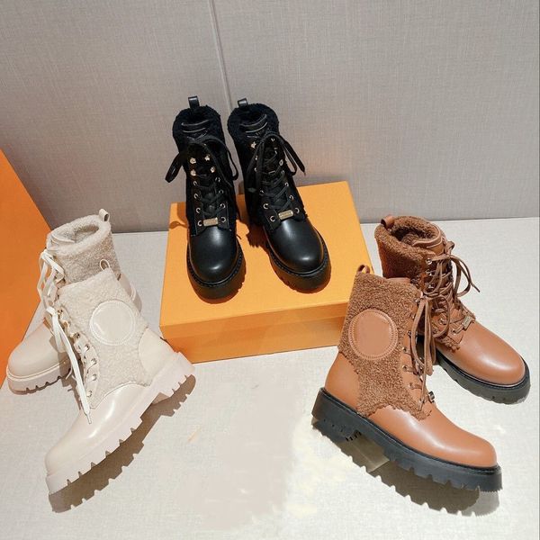 

new ankle boots lambskin luxury martin boots warm flat chunky heels comfortable fashion casual leather lace-up bold color block round toe wo, Black