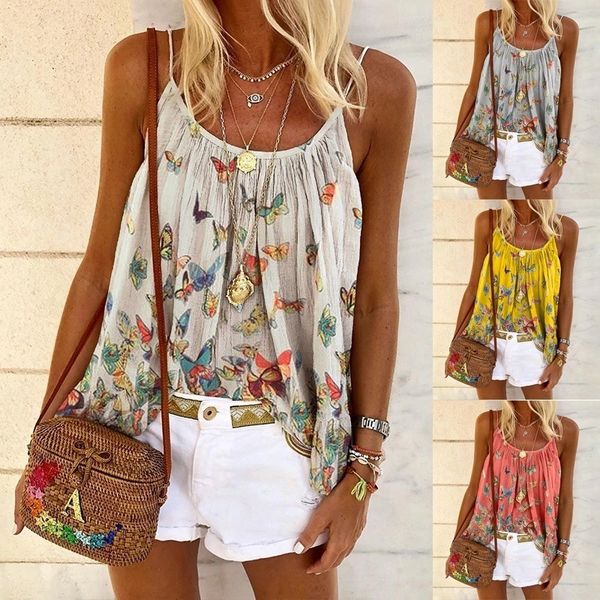

2021 European and American WISN Foreign Trade Summer Women's Butterfly Print Sling Top Large Loose Tank Top, White