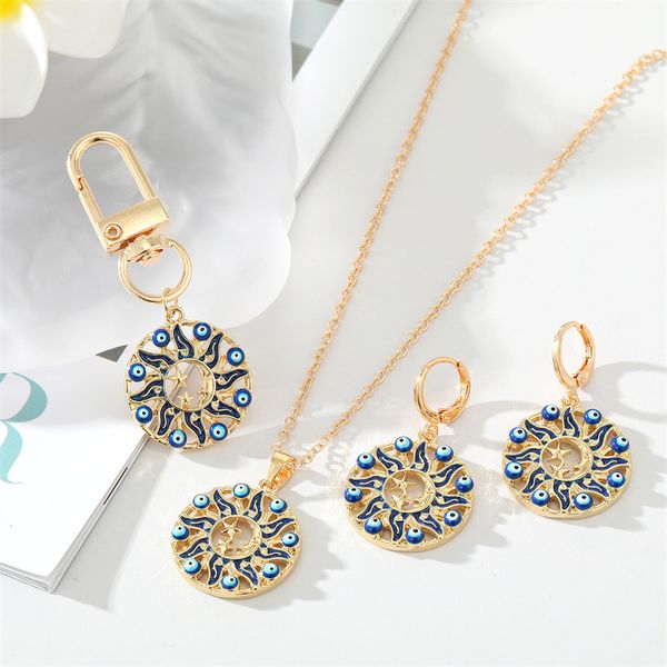 

hollow out sun evil eye pendant necklaces keychain keyring for friend couple blue eye necklace bag car key ring accessory, Silver