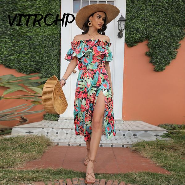 

party dresses celebrity dress bohemian beach sleeveless one-shoulder tube floral print prom gown ruffles split evening vestidos de fiesta 22, White;black