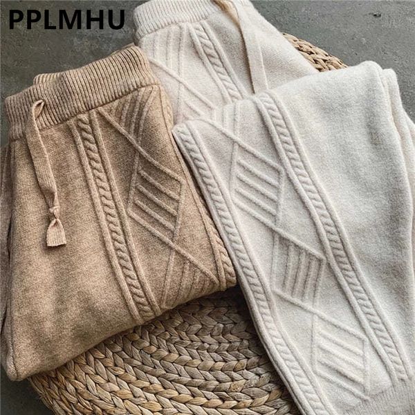 

womens pants capris winter warm knitted sweatpants casual high waist thick harem anklelength korean loose sweater trousers 221118, Black;white