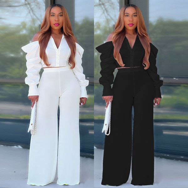 

women s two piece pants perl hollow pile sleeve blouse wide leg spring and autumn long suit women clothing ol ladies 2 set outfit 221118, White