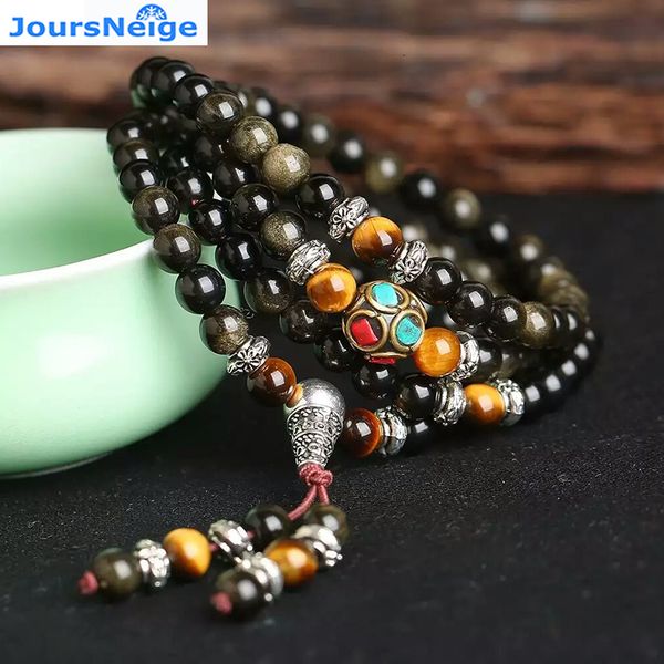 

charm bracelets joursneige natural gold obsidian stone 6mm 108 beads with tiger eye for men women crystal bracelet jewelry 221118, Golden;silver