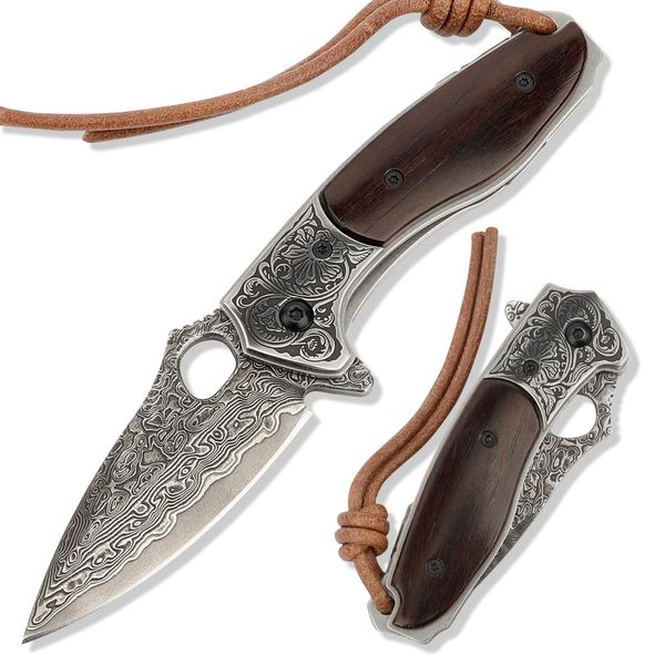 

TRIVISA Folding Pocket Knife with Leather Sheath Japanese Damascus Steel Core Wood Handle Self-defense Knives For EDC