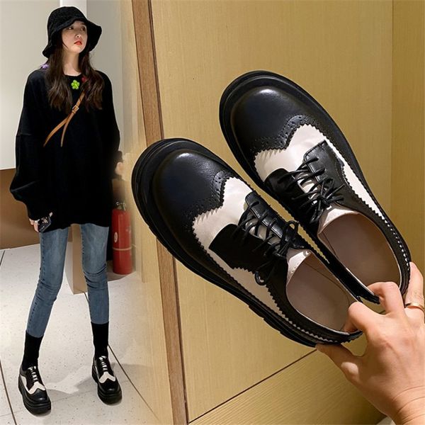 

dress shoes pxelena retro british wing tip oxford plus size 34 43 lace up chunky platform derby spring autumn casual cozy 221118, Black