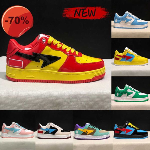 

sta low apes casual shoes men women nigo teal brown comics yellow red patent leather black triple white blue paint beige suede pastel pink