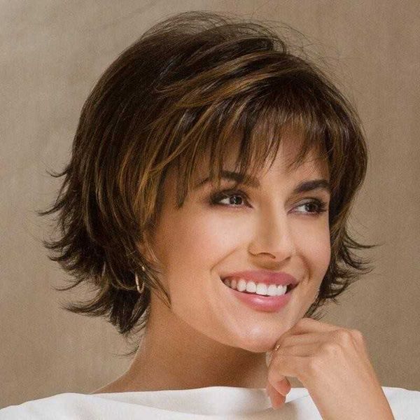 

women's wigs straight puffy bangs dark brown blond curly short hair, Black