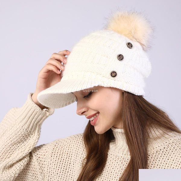 

cloches knit winter warm fleece lined button hat cap fur ball baseball skl caps with brim women hats fashion accessories drop delive dhjty, Blue;gray