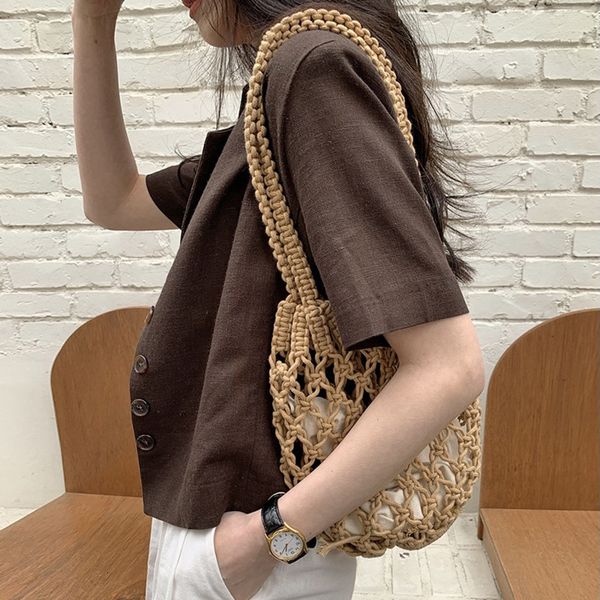 

evening bags cotton rope woven women's shoulder bags 2 piece handbags bohemian mesh bag summer straw beach bags female cutout tote purs