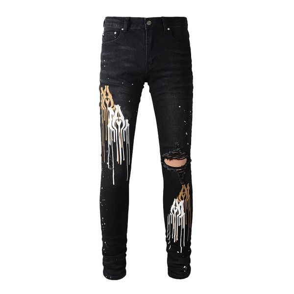 

men's black distressed jeans streetwear slim letter painted pants damaged hole skinny stretch graffti ripped jeans, Blue