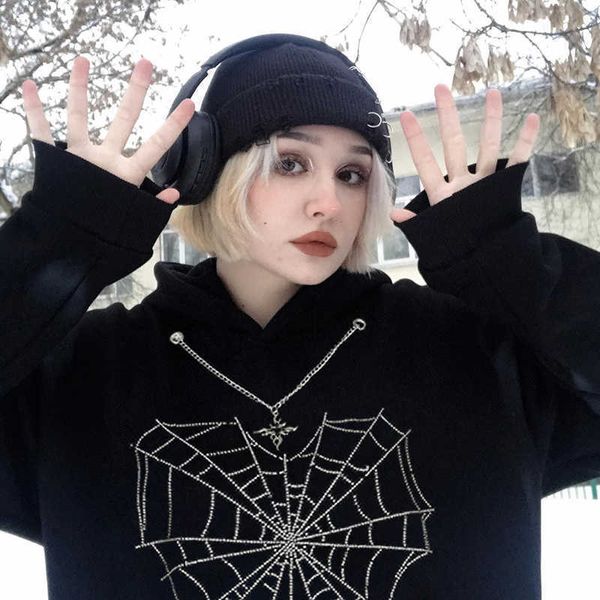 

men's hoodies sweatshirts gothic rhinestones necklace autumn winter hoodie women streetwear chain pullover harajuku dark academia hoode, Black