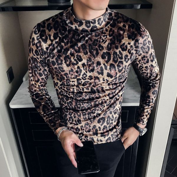 

men's t-shirts fashion leopard t-shirt winter velvet slim high-neck long sleeve men camiseta 221117, White;black