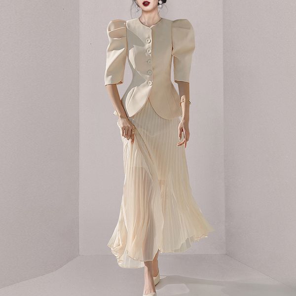 

two piece dress set half sleeve single breasted slim blazer and pleated midi skirt suits for 221118, White
