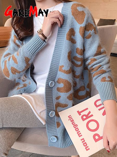 

women's knits tees autumn winter knitted leopard sweaters women korean v neck thick print cardigan coat loose button outwear 221118, White