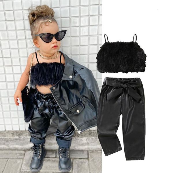 

clothing sets 1 5y kids girls summer clothes baby solid color fluffy sleeveless crop pu leather belted long pants children outfits 221118, White