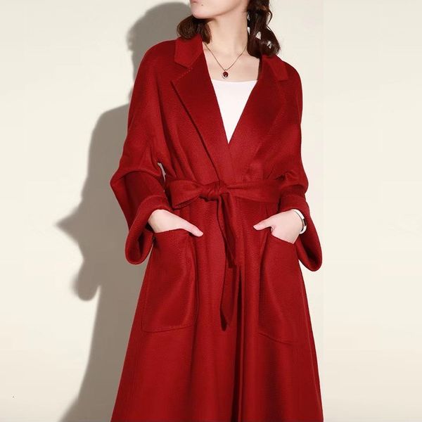 

women's wool blends highquality women handmade hepburn corrugated water ripples coat doublesided cashmere wool long woolen jacket cashm, Black