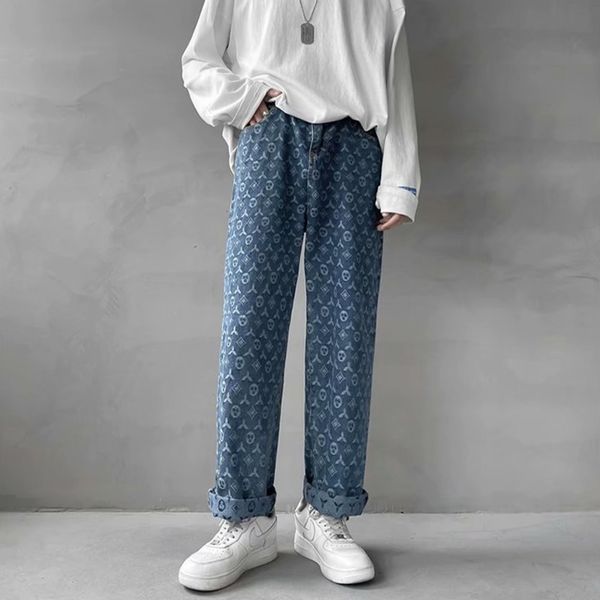 

men's jeans american retro jacquard man autum summer thin street ruffian handsome loose pants straight drop vintage denim distressed 22, Blue