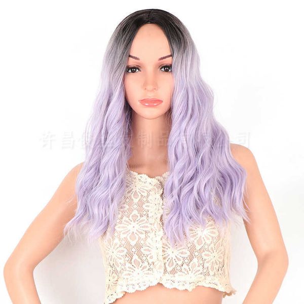 

women's wigs female gradual purple chemical fiber middle parting short curling head cover js9223r, Black