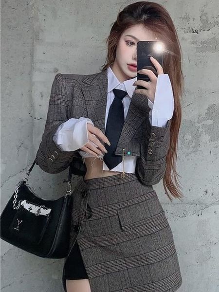 

two piece dres blazer jacket skirt set suit 2 pieces crop plaid elegant chic clothes office lady spring autumn female suits 221118, White