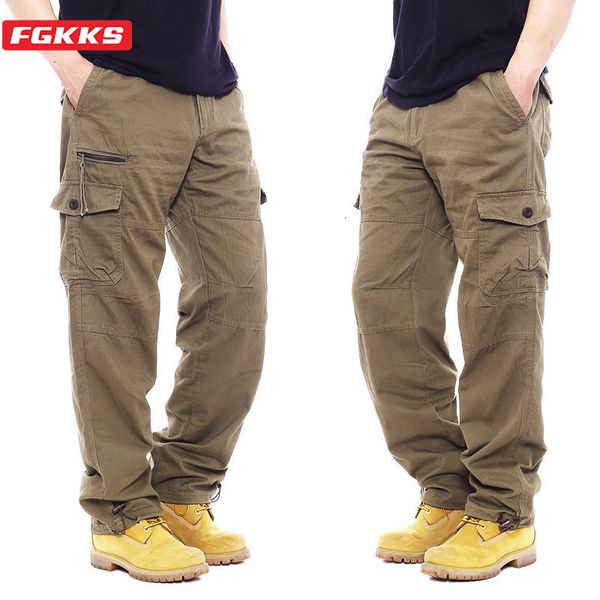

men's pants fgkks men multi-pocket cargo zipper pure cotton straight leg loose casual solid color construction 221118, Black