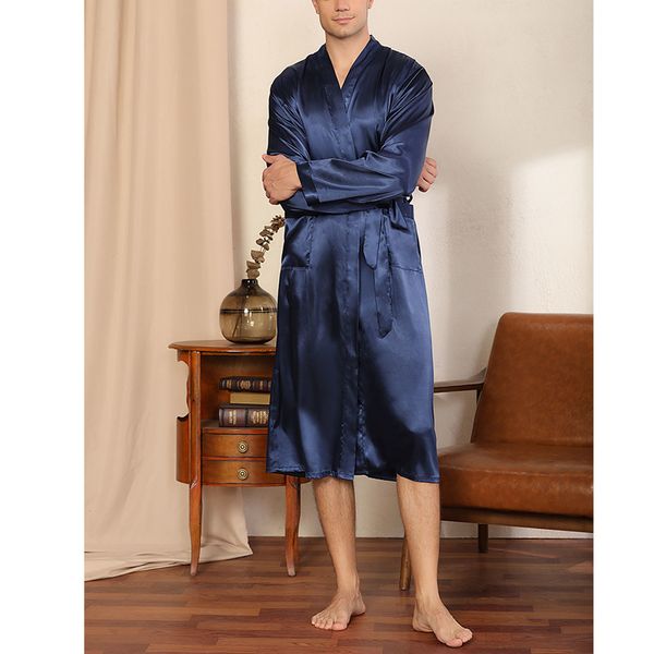 

men's sleepwear men fashion solid color spring and autumn long sleeve bandage home pajamas cardigan nightgown loose large size glossy b, Black;brown