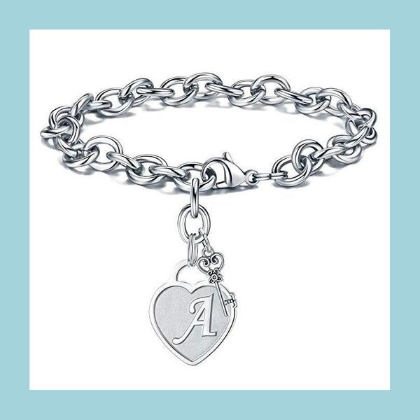 

charm bracelets 26 stainless steel english initial heart charm bracelet fashion key letter women bracelets jewelry gift drop delivery dhfai, Golden;silver