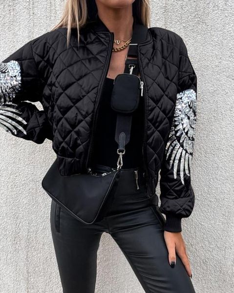 

women's jackets jackets for women autumn winter fashion contrast sequin angel wings pattern casual long sleeve daily quilted puffer jac, Black;brown