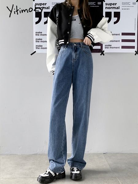 

women's jeans cotvotee straight leg jeans for women high waist trend denim pants mom jean baggy pants casual comfort trousers oversize, Blue