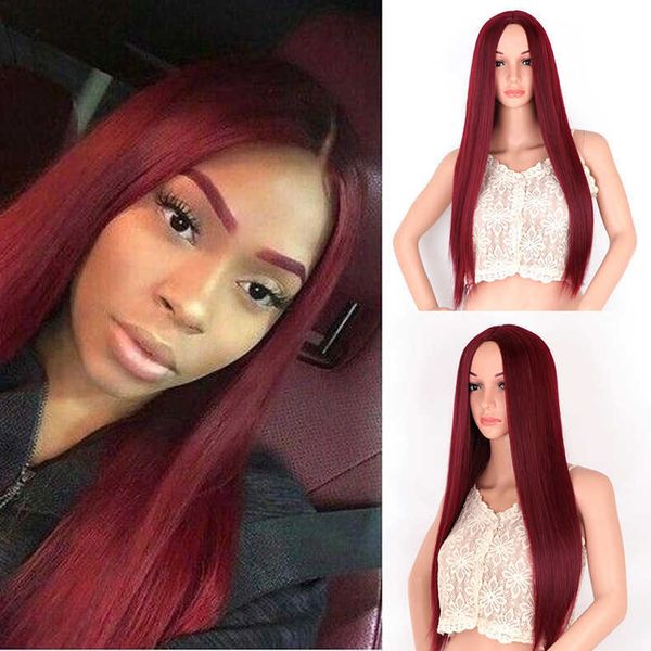 

women's wigs wine red mid gth straight hair natural cos chemical fiber rose net headgear, Black