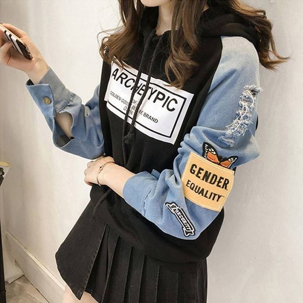 

women's hoodies sweatshirts graphic female streetwear sweatshirt hoodie pullover korean fashion hooded autumn winter denim jackets for, Black