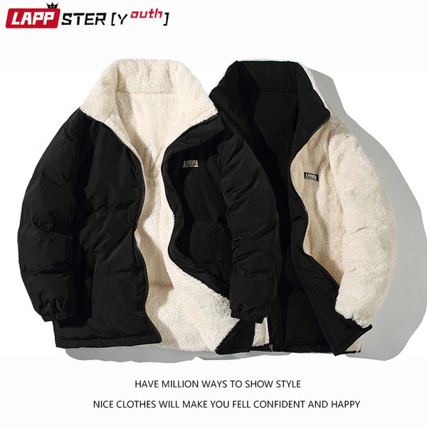

men's down parkas lappster-youth men two sides lambswool winter puffer jacket mens oversized kpop vintage bubble coat man warm outwear, Black