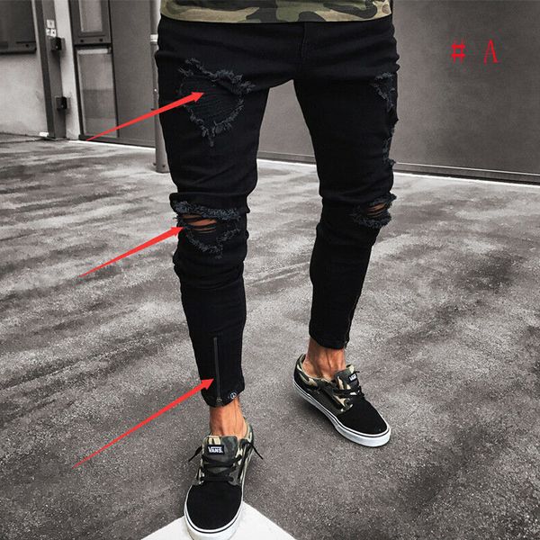 

mens jeans cool designer brand black skinny ripped destroyed stretch slim fit hop pants with holes for men 221118, Blue