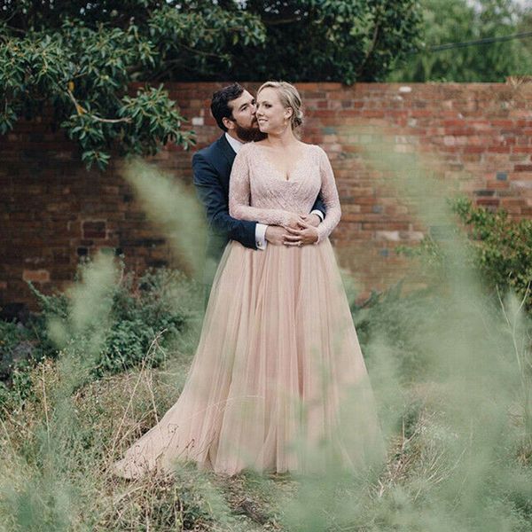 

blush pink beach wedding dresses plus size v neck vestido de noiva long sleeves sequins zipper tulle bridal gown robe de mariee, White