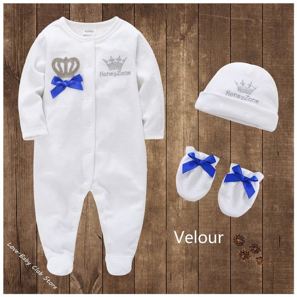 

rompers baby boy girl romper royal crown clothing set cap mitts born prince princess one-pieces footies sleepsuit pajamas velour 221117, Blue