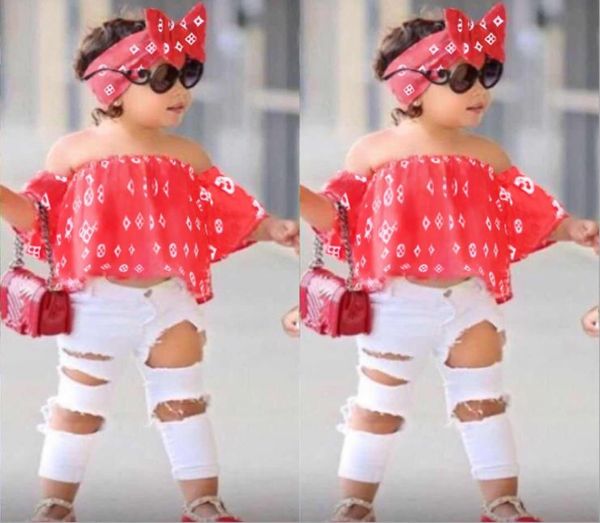 

kids summer girls clothing sets off shoulder hole white pants hairband girls clothes set children clothes4692812